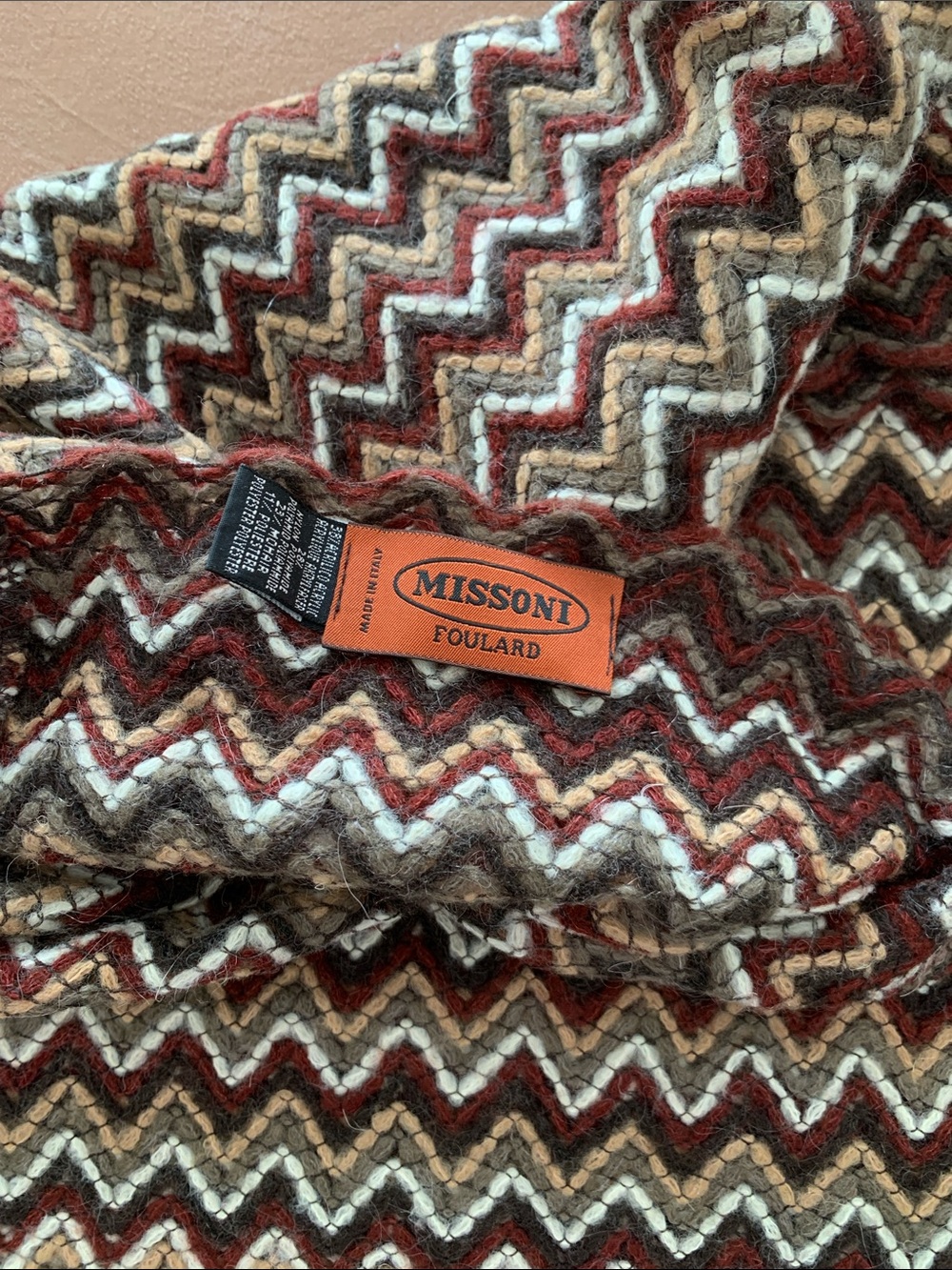 Missoni Zigzag Wool Foulard in Brown, Red & Cream